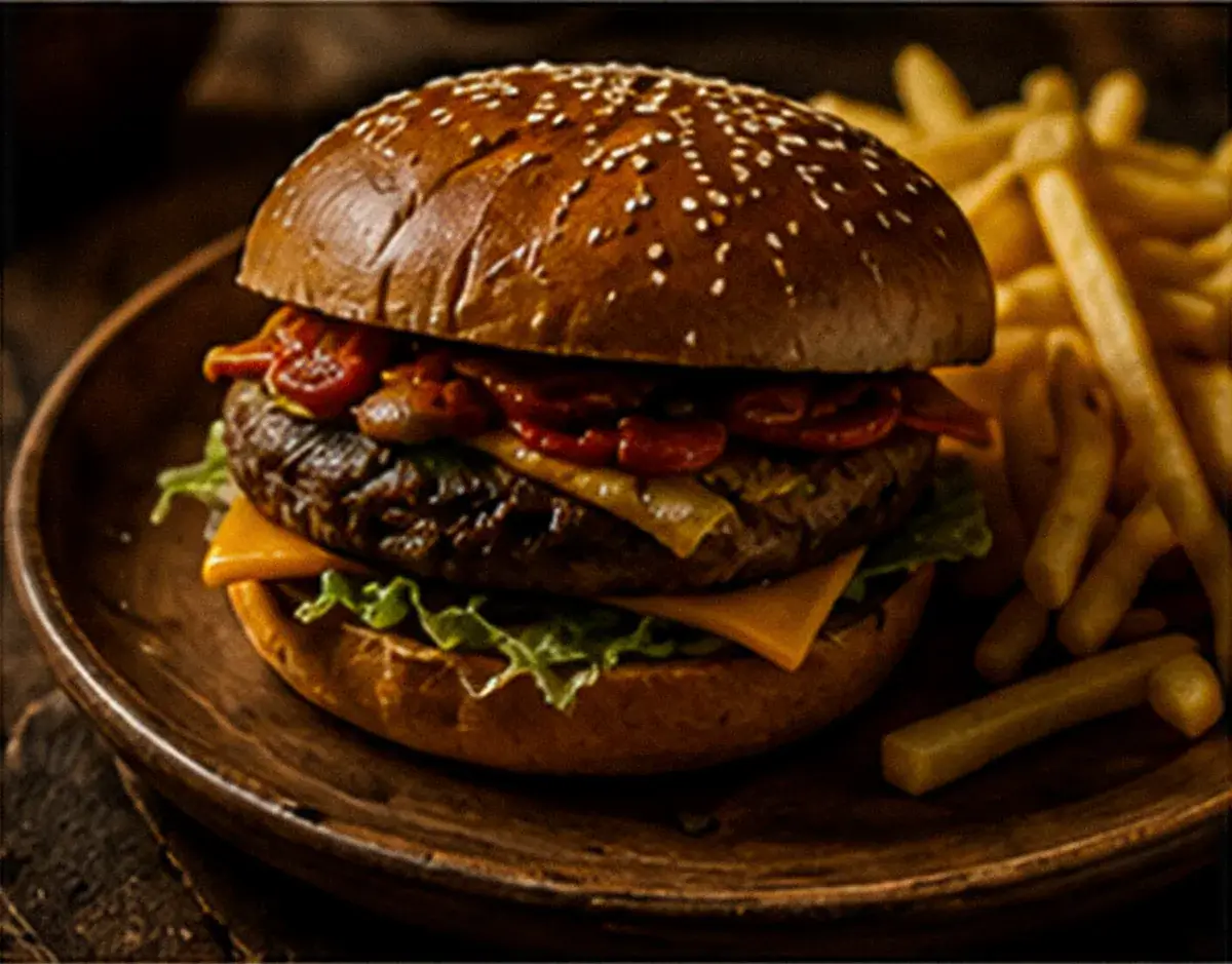 Hamburguesa a la brasa con patatas